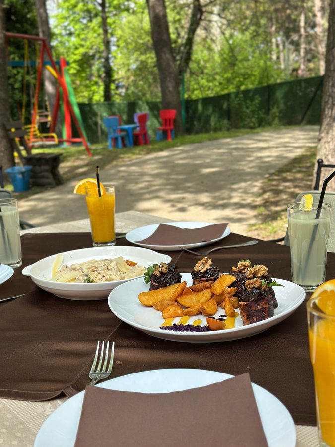 Ručak u hladu drveća u dvorištu restorana